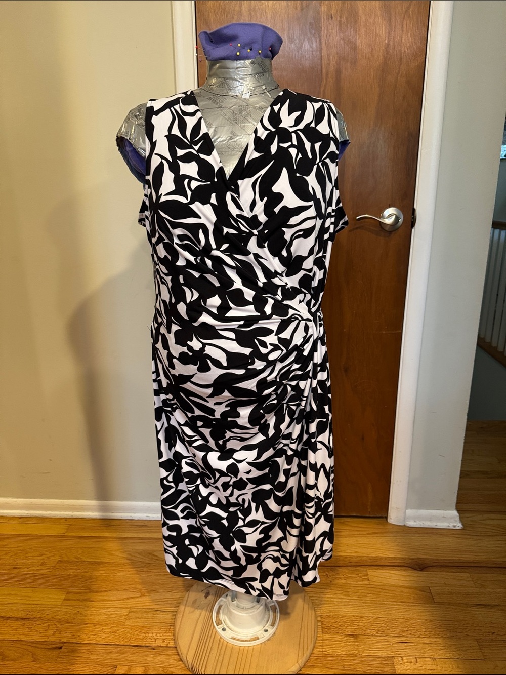 Susan Graver Liquid Knit Faux-Wrap Midi Dress - Black and White Floral